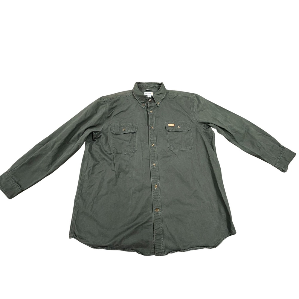 Carhartt Mens Long Sleeve Button Down Work Shirt Forest Green Twill Relaxed XL